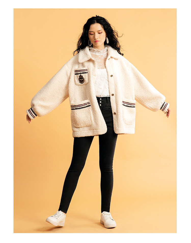 冬款女装保暖学院风织带羊羔毛外套短款小香风羊羔绒外套女