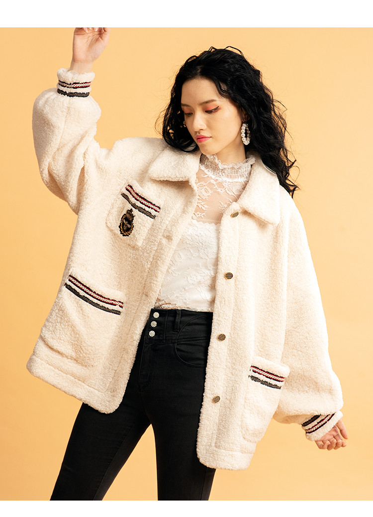 冬款女装保暖学院风织带羊羔毛外套短款小香风羊羔绒外套女