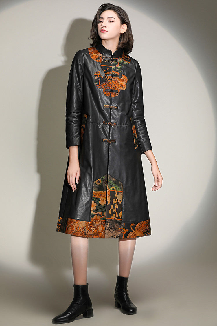 女款小立领绵羊皮拼接香云纱中式皮衣皮草