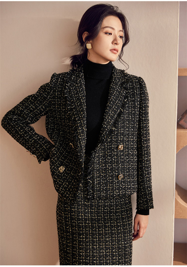 罗衣小香风粗花呢套装女西装外套半身裙时尚两件套