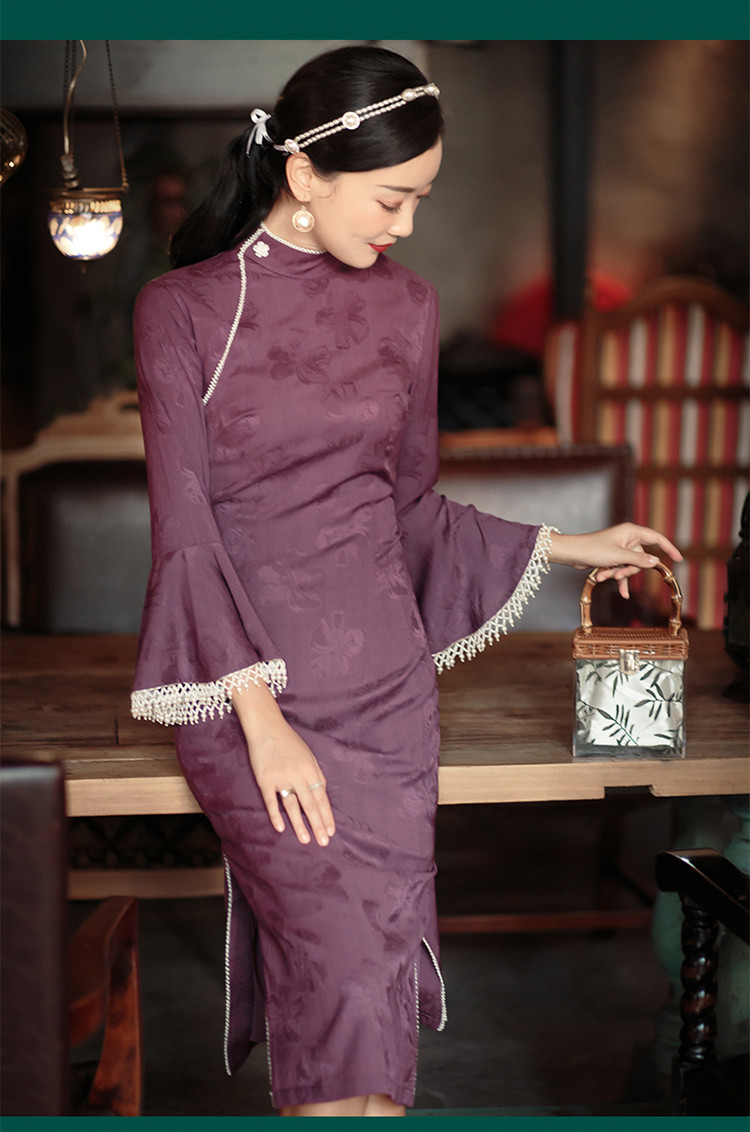 东篱 原创设计旗袍改良2021春秋新款提花缎面荷叶袖连衣裙女