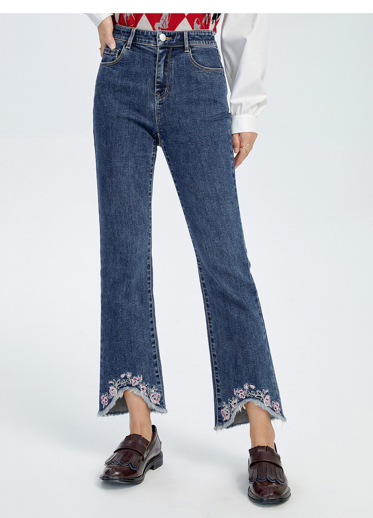 juzui/玖姿annakro系列时尚毛边刺绣脚口微喇牛仔裤女裤