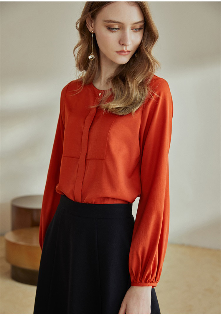 罗衣2021春装新款气质橘红色上衣知性衬衣灯笼袖衬衫女