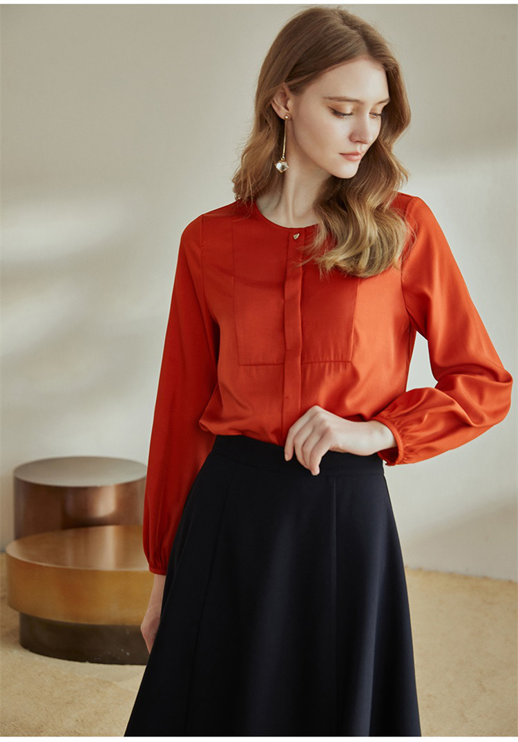 罗衣2021春装新款气质橘红色上衣知性衬衣灯笼袖衬衫女