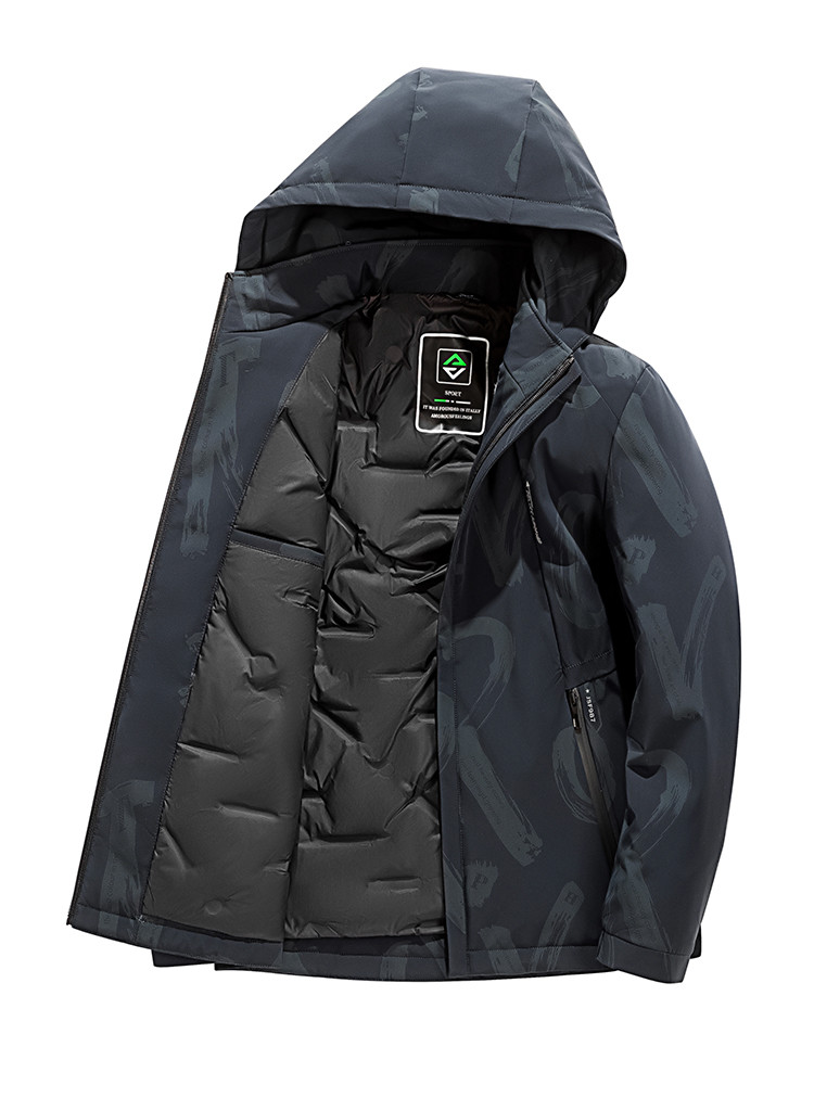 保罗贵族系列【牛奶丝面料 90白鸭绒】印花连帽轻薄男士羽绒服