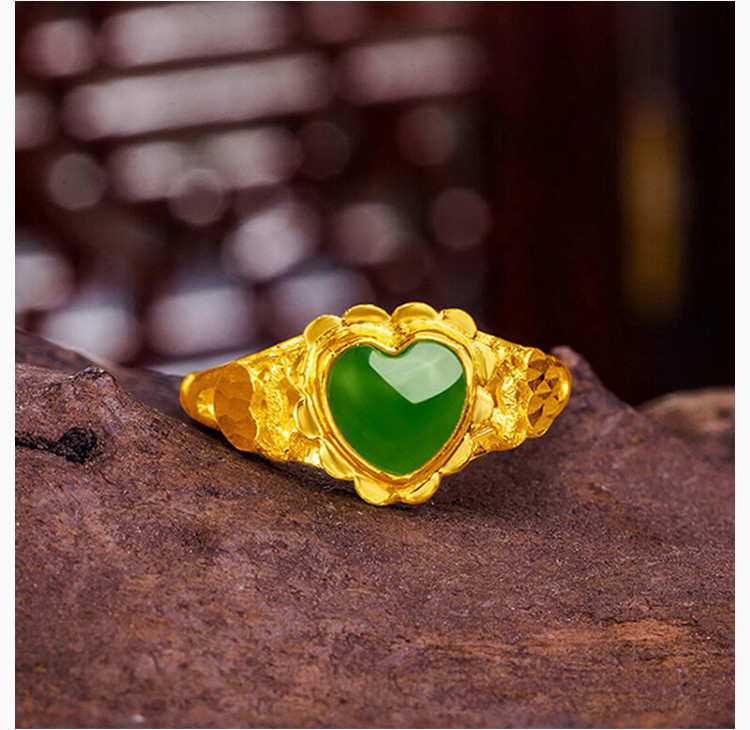 黄金戒指 足金镶玉女士活口女戒心形和田碧玉女戒