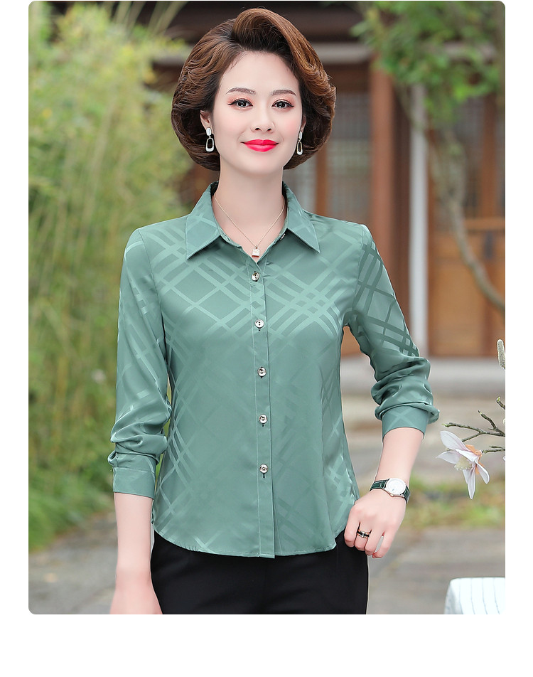 妈妈装格纹印花长袖衬衫女中老年春季翻领休闲顺滑衬衣女