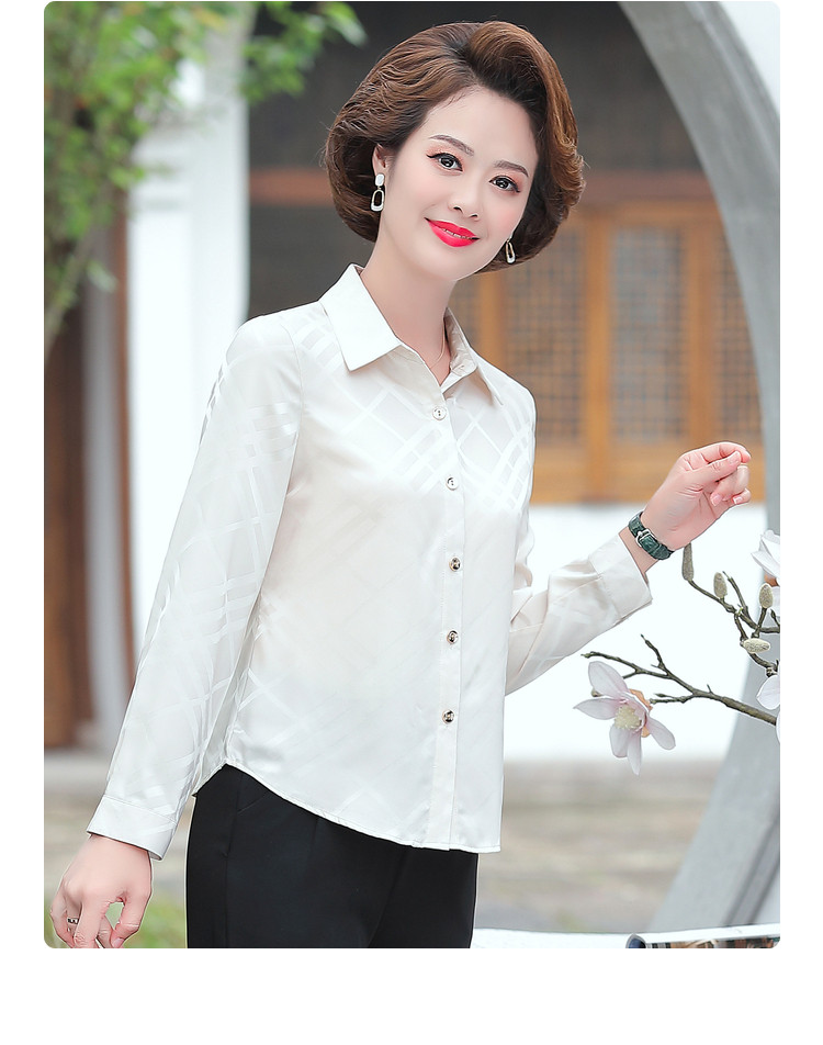 妈妈装格纹印花长袖衬衫女中老年春季翻领休闲顺滑衬衣女