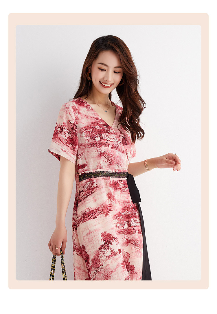 素引系列女士山水印花复古百搭休闲中长女短袖连衣裙