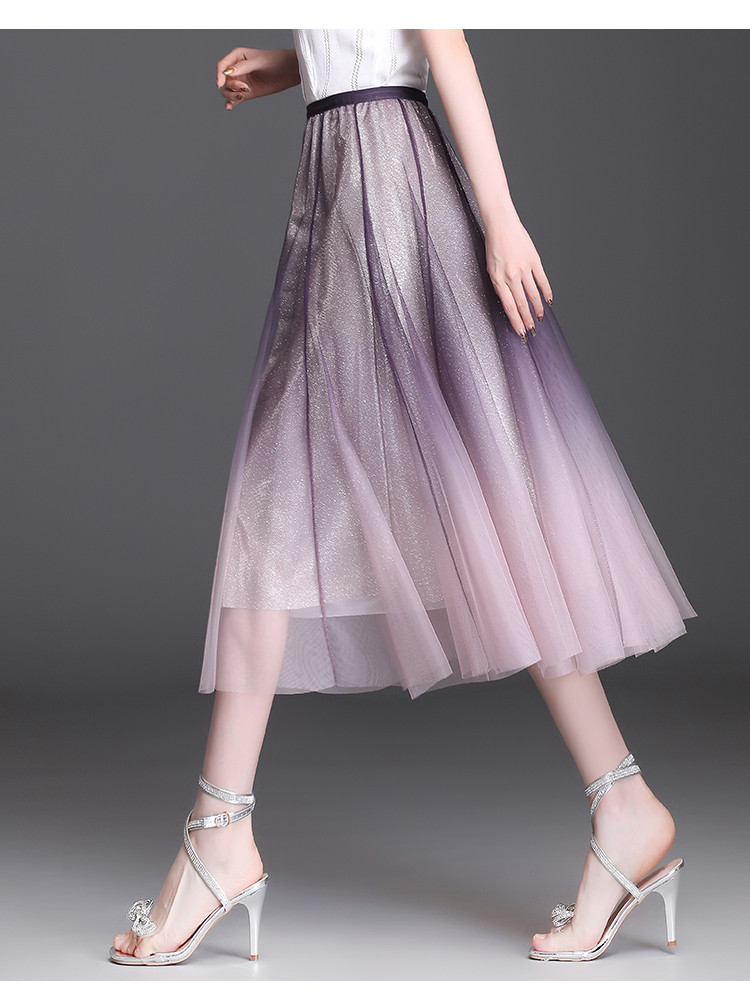 网纱半身裙女夏季新款渐变色流光纱裙中长款女式a字裙