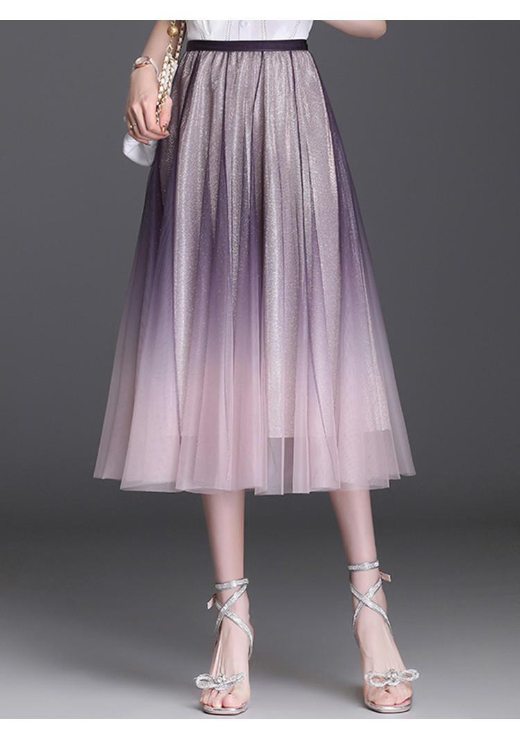 网纱半身裙女夏季新款渐变色流光纱裙中长款女式a字裙