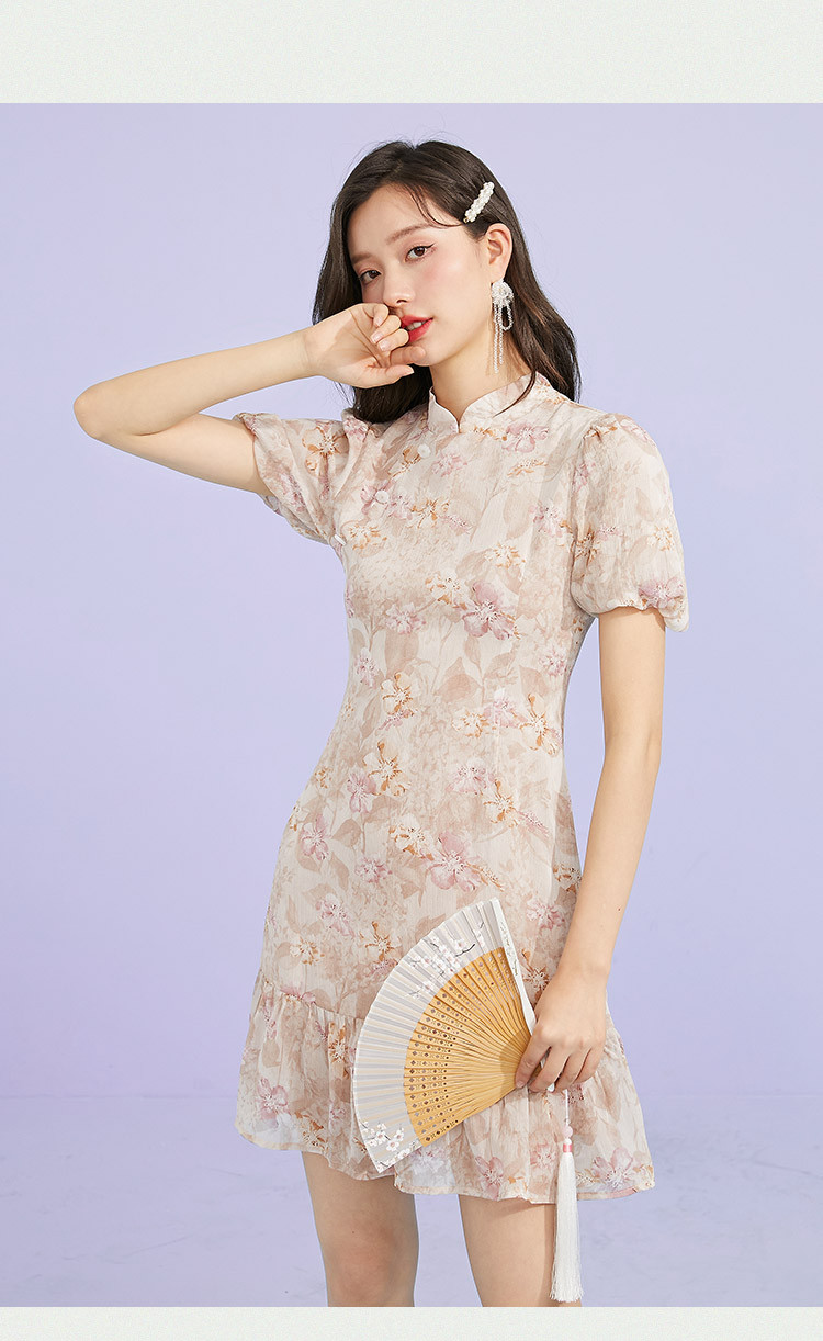 【民国风改良旗袍】夏季碎花泡泡袖褶皱裙摆连衣裙2021新款女