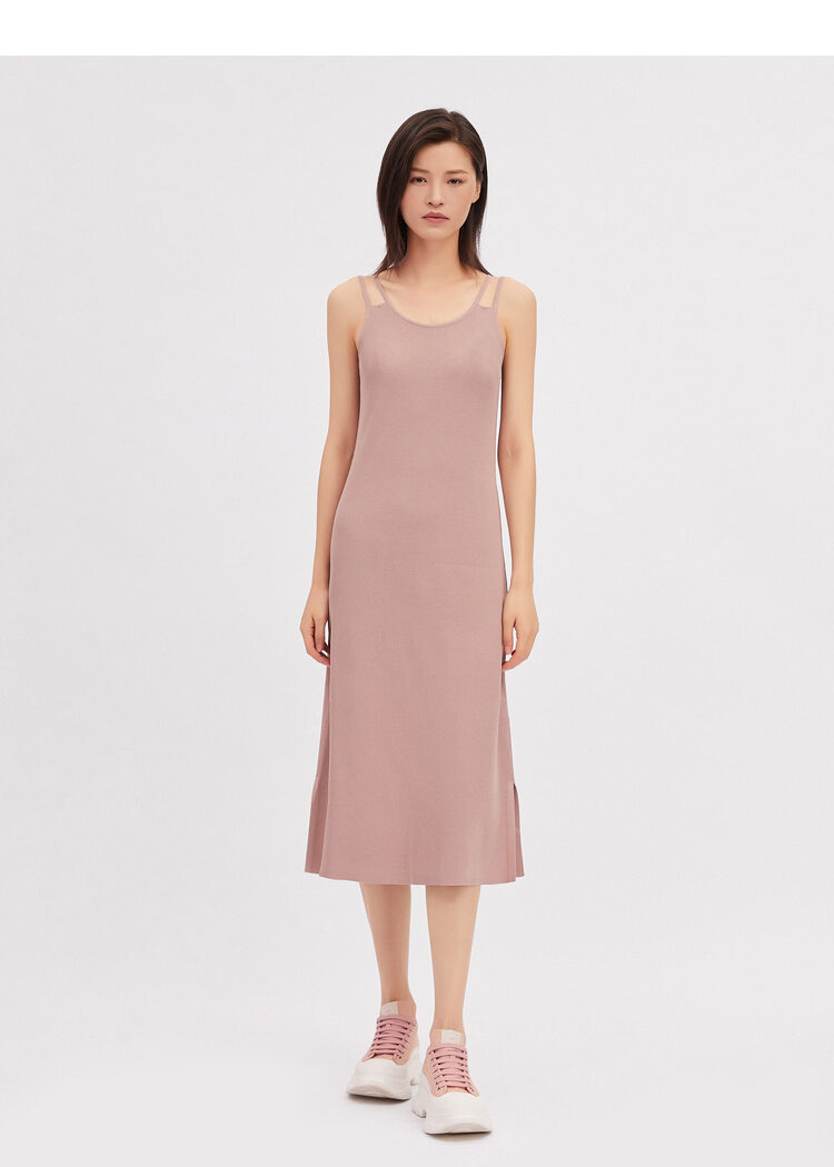 真的好 2021新款双吊带u型领针织纯色长裙背心吊带裙连衣裙