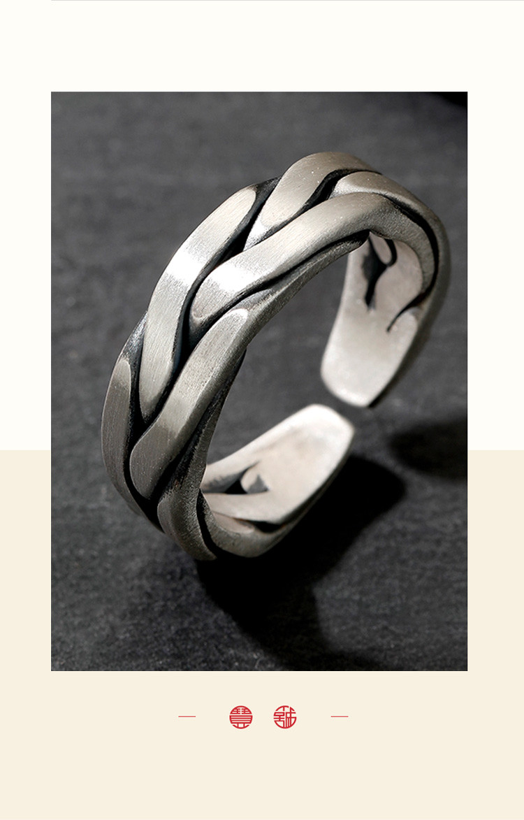 999银手工编织戒指男女款麻花复古做旧简约开口食指戒