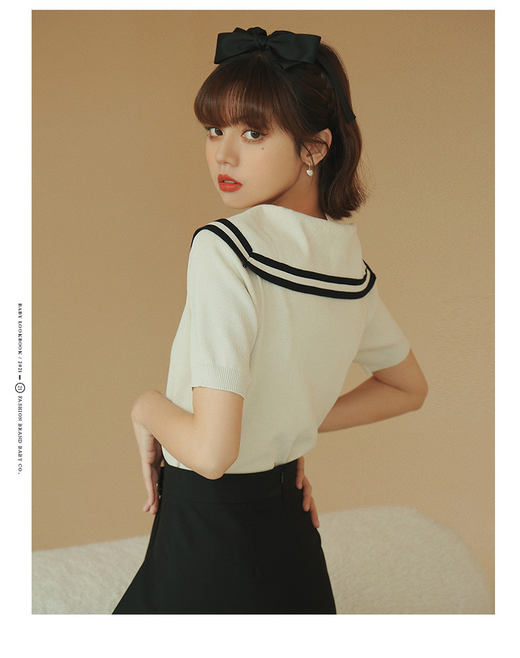 【2021夏季新款】日系学院风海军领短袖针织衫女减龄套头上衣