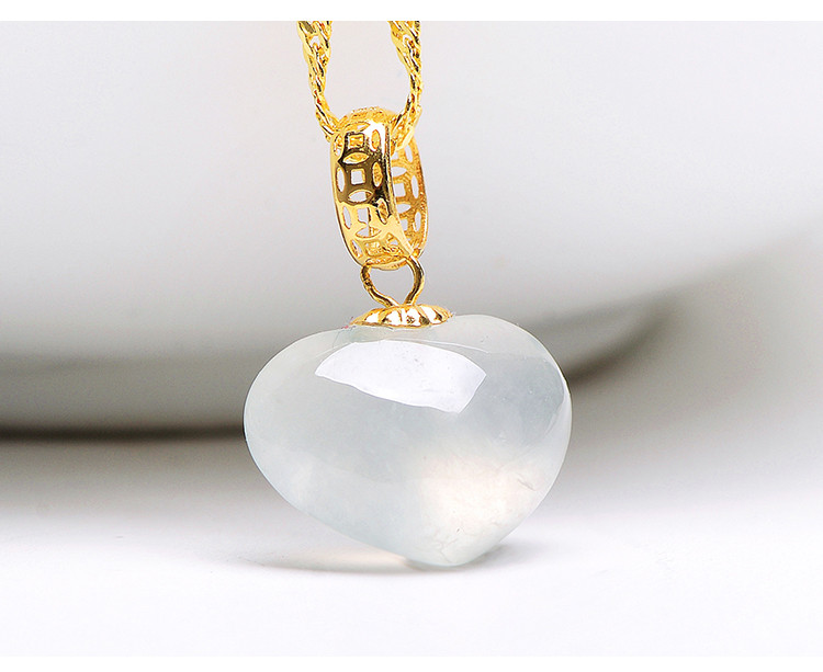 黄18k金镶冰透翡翠a货小小桃心吊坠天然翡翠爱心吊坠/带证书