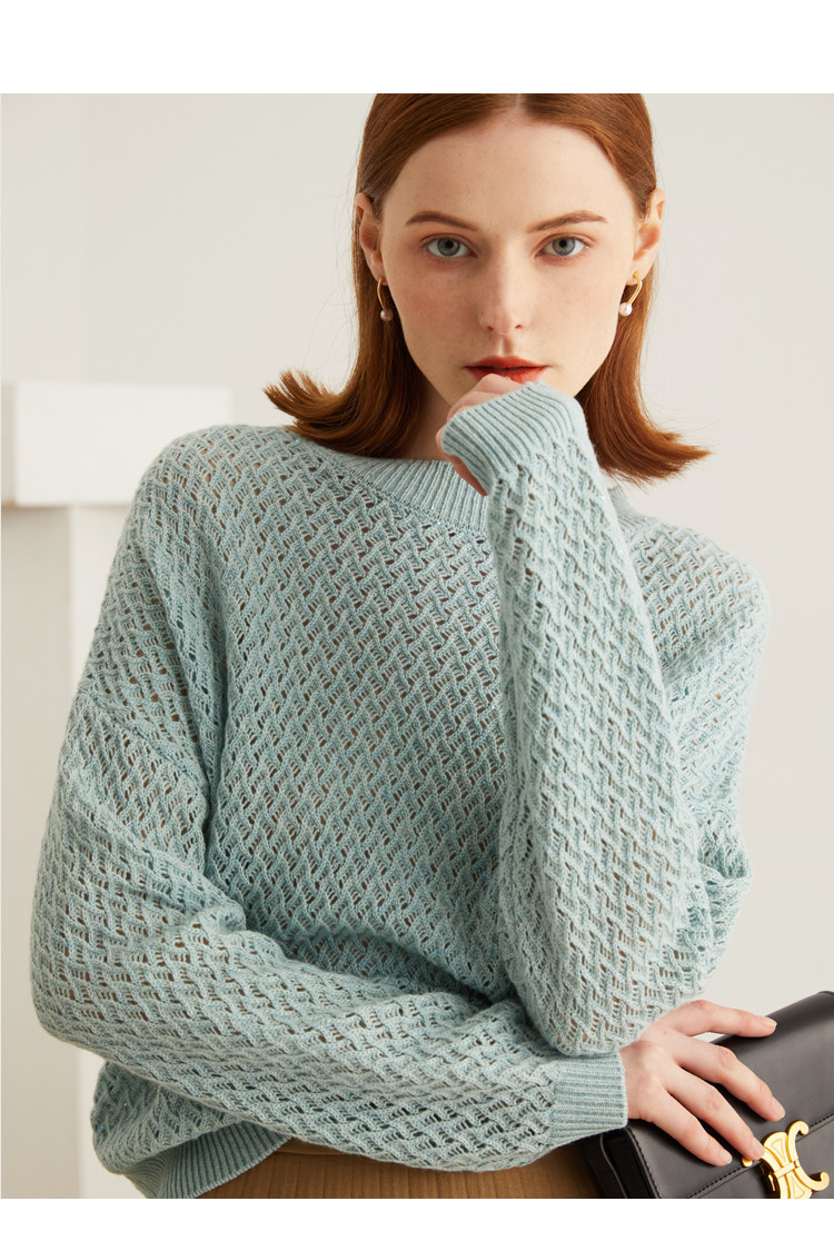 【2股26支】新款减龄气质百搭珠片纱镂空花型针织毛衣绵羊毛衫