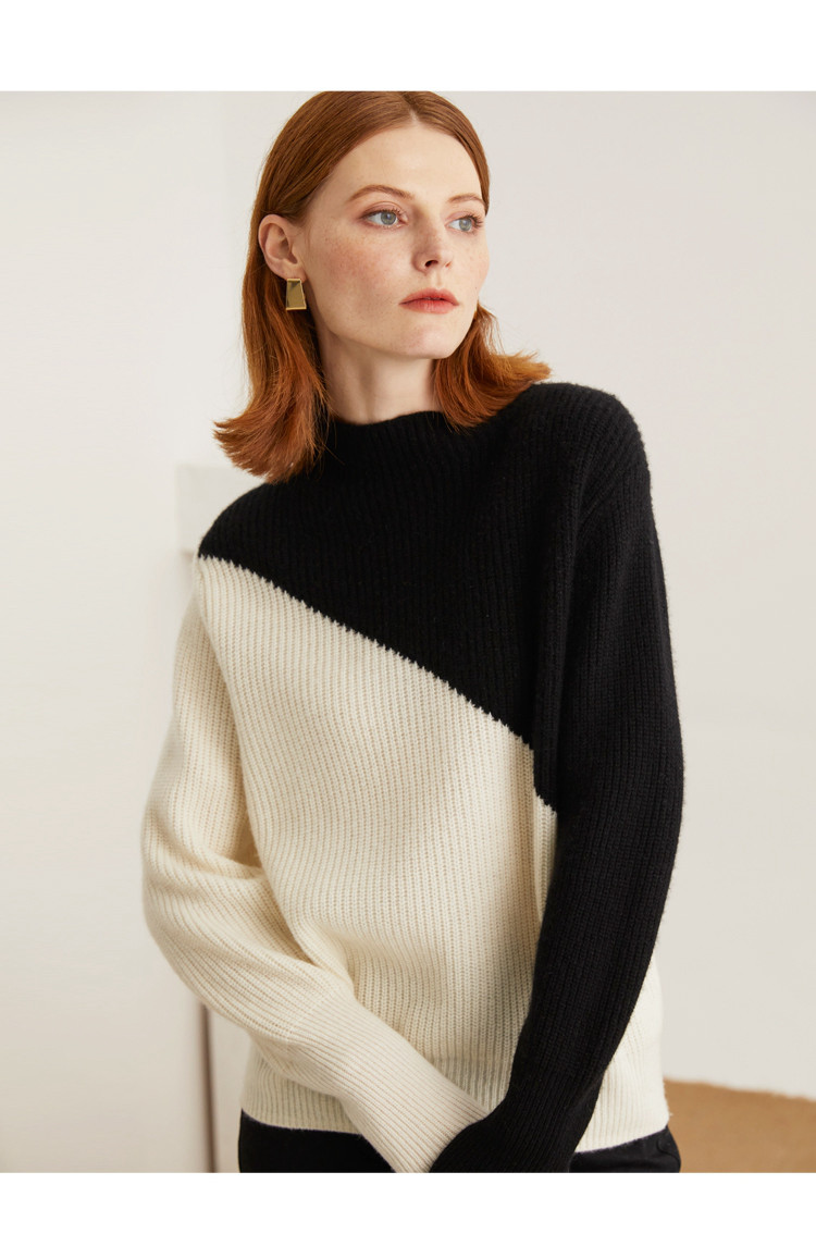 【粗针加厚全羊毛】新款时尚撞色单元宝针织毛衣100%羊毛衫