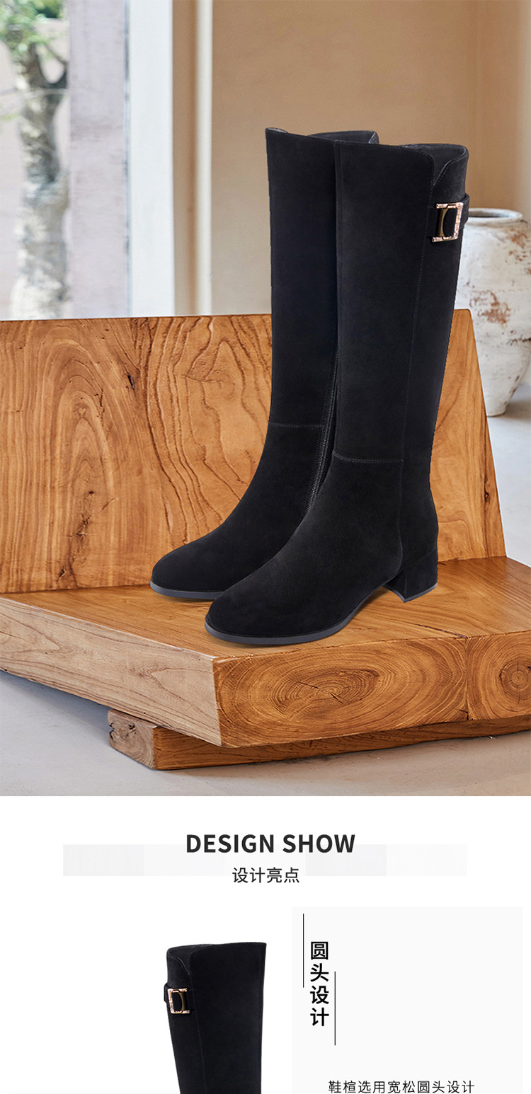 单/绒里可选21冬专柜新品羊反绒钻扣时装靴粗跟通勤高筒靴女靴