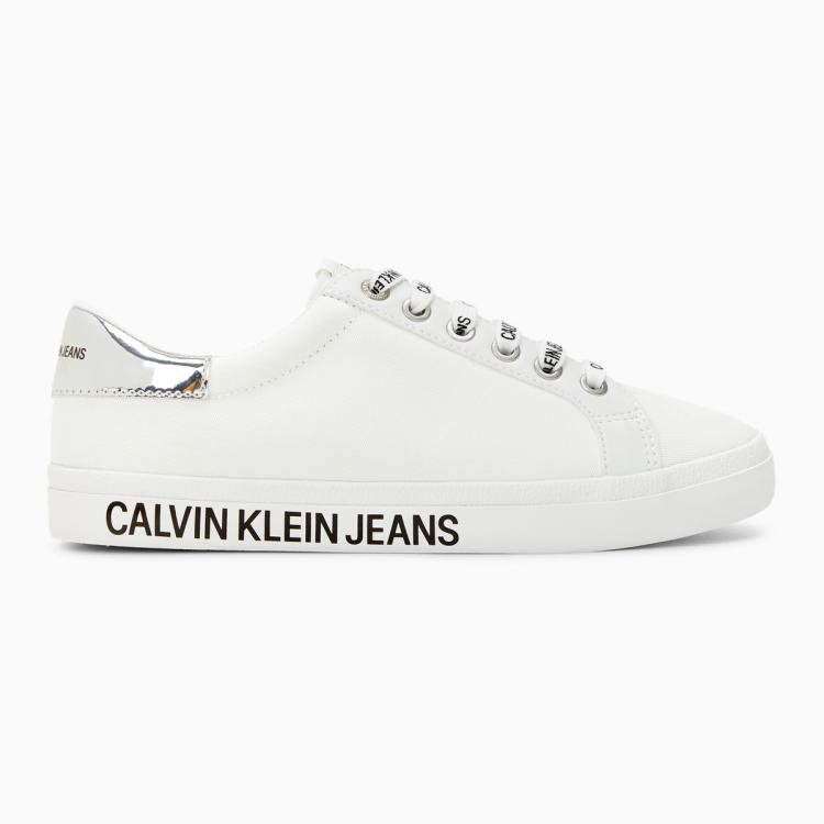 Calvin Klein Ck Jeans女士logo印花系带平底舒适休闲鞋yw00396 In White