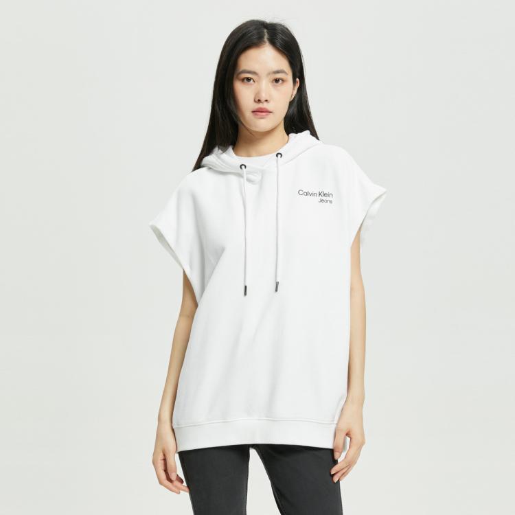 Calvin Klein Ck Jeans夏季女士时尚连帽纯棉字母印花透气短袖卫衣j218176 In White