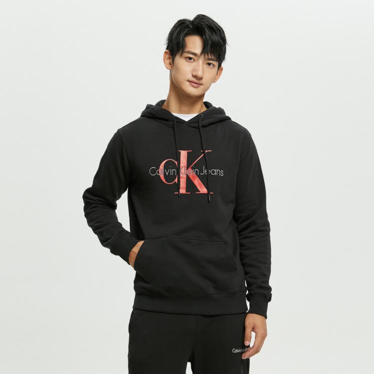 Calvin Klein Ckjeans秋冬男女情侣中性叠印logo纯棉连帽加绒卫衣zm02079 In Black