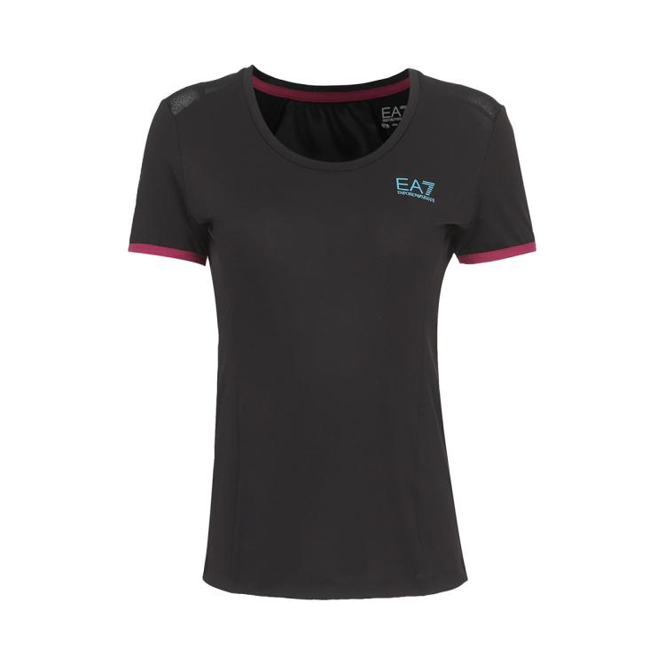 Ea7 女士logo网面设计透气圆领套头运动休闲t恤衫 In Black