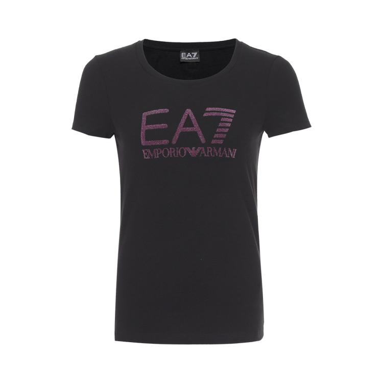 Ea7 女士含棉立体logo收腰显瘦舒适休闲圆领短袖t恤 In Black
