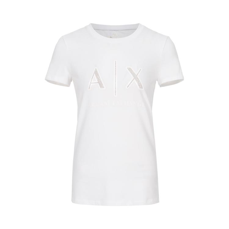 Armani Exchange 女士街头百搭甜酷铆钉撞色logo标短袖t恤 In White