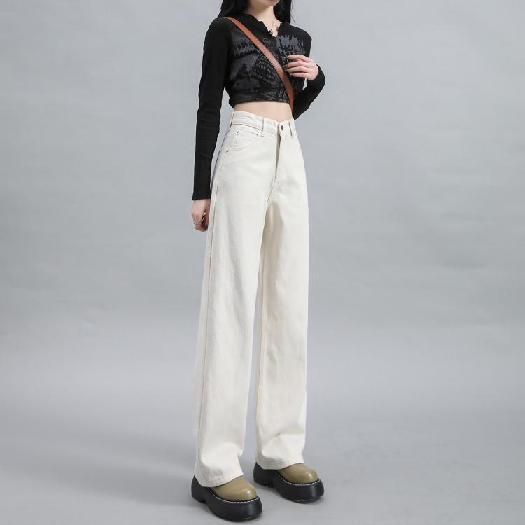 美丽衣橱 纯棉高街牛仔裤女2026春秋直筒百搭宽松休闲阔腿米白色裤子女