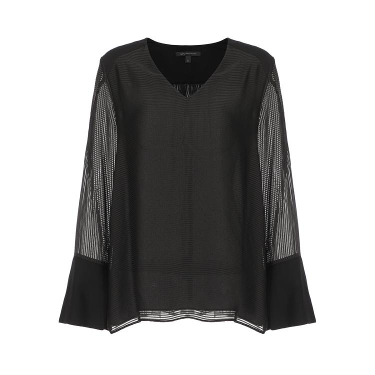 Armani Exchange 女士条纹长袖v领轻薄宽松透气优雅气质衬衫 In Black
