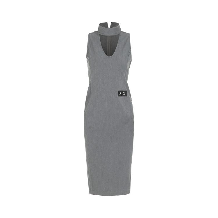 Armani Exchange 女士logo显瘦无袖中高领连衣中长裙 In Gray