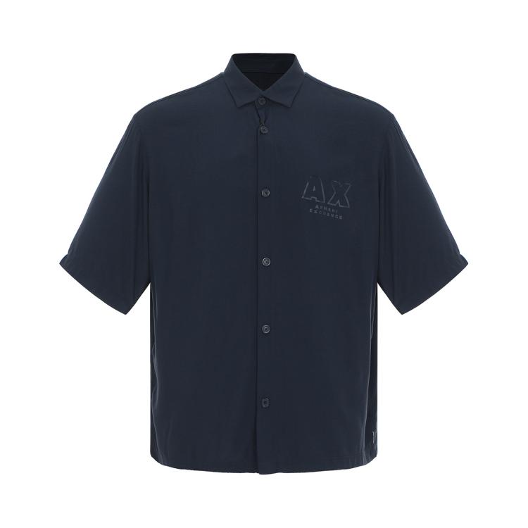 Armani Exchange 男士柔软舒适亲肤印花logo短袖衬衫 In Blue