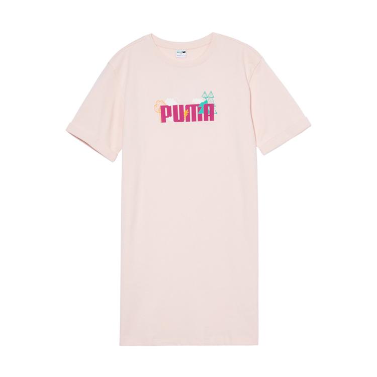 Puma 时尚印花大logo 女款纯棉吸汗透气圆领短袖连衣裙运动裙 In Pink