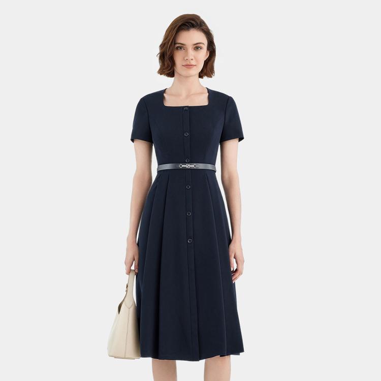 Ports 1961 宝姿女装短袖气质方领收腰长连衣裙 In Blue