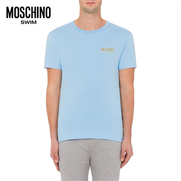 Moschino Swim/莫斯奇诺 男士金色立体logo棉混纺t恤 In Blue