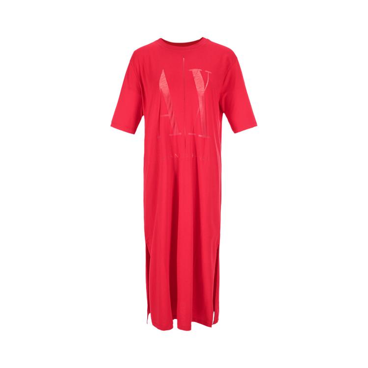 Armani Exchange 女士棉质休闲日常字母镂空下摆开叉圆领短袖长款连衣裙 In Pink