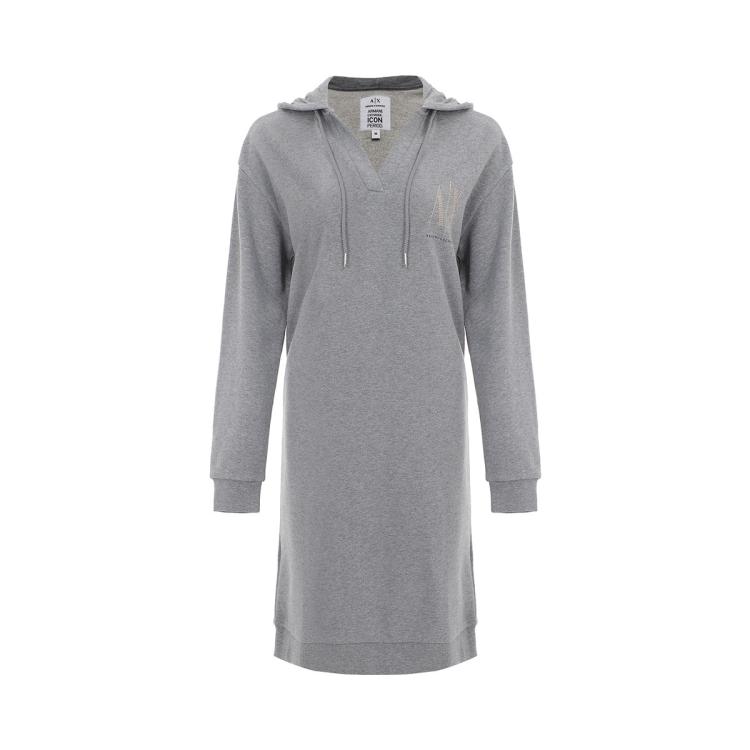 Armani Exchange 女式纯棉休闲日常下摆可收缩落肩长袖系绳连帽连衣裙 In Gray