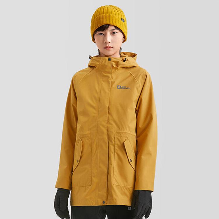 Jack Wolfskin 狼爪秋冬女式户外防风中长款风衣夹克外套 In Yellow