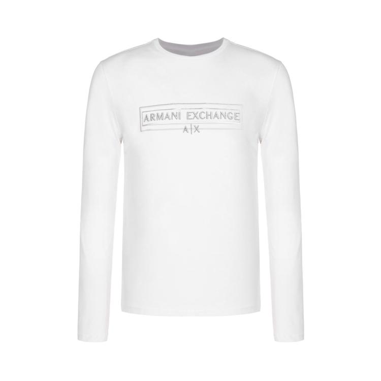 Armani Exchange 【100%棉】低调极简奢华风刺绣字母logo透气亲肤圆领长袖t恤衫 In White