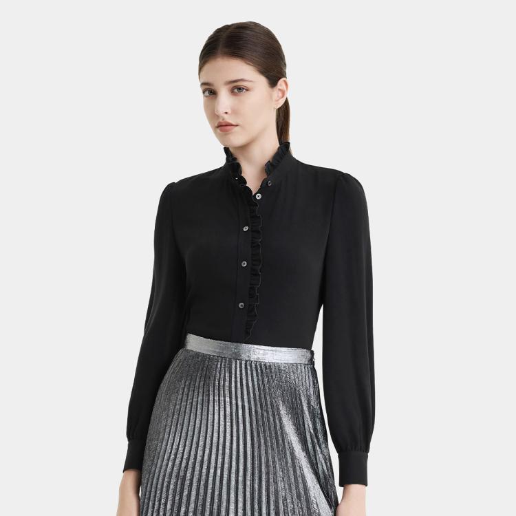 PORTS 1961 PORTS 宝姿女装优雅百搭通勤搭配木耳边时尚长袖纯色衬衫