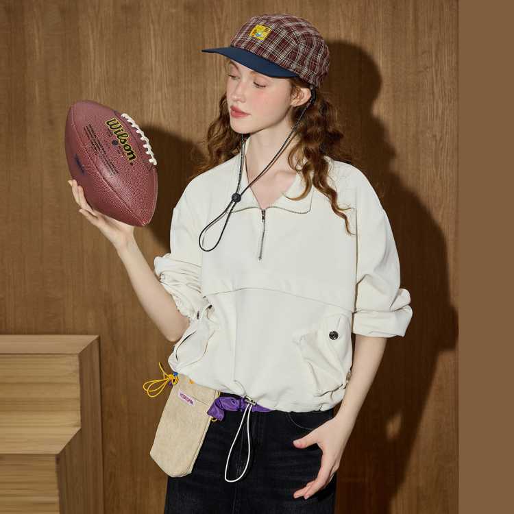 COOLHUT 抽绳下摆休闲半拉链短款复古春季女式卫衣设计感慵懒风