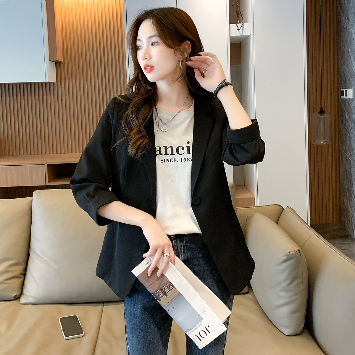 真维斯 【优雅通勤小西装】翻边七分袖外套女显瘦百搭气质通勤西装外套女
