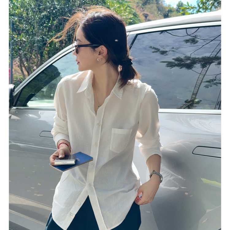 莉贝琳 春秋季高级感回忆杀梨花白色衬衫气质收腰纯色衬衣女翻领长袖上衣
