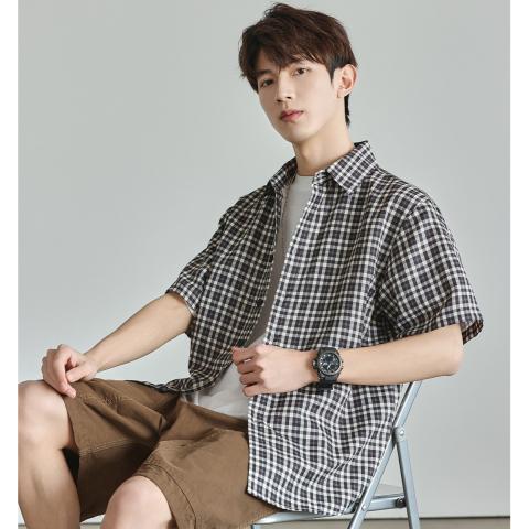 班尼路 夏季时尚经典格纹衬衫短袖男日常简约潮流百搭休闲翻领短袖衬衫男 图片 5