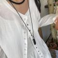 诺米美物 极简冷淡风项链女设计感金属光面水滴黑皮绳项链秋季毛衣链女 图片 3