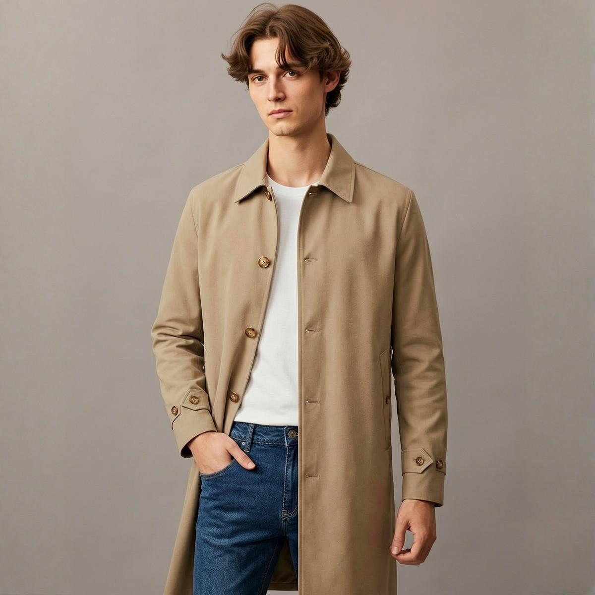 BURBERRY 【内衬经典格纹】男式轻便型纯色单排扣中长风衣外套