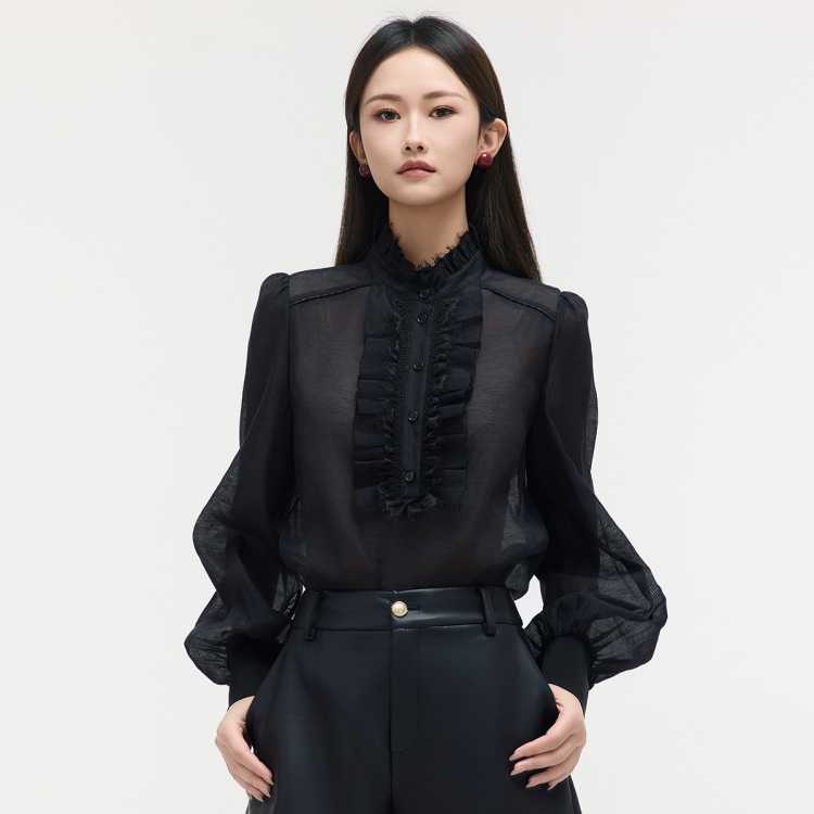 恩比时 【含莱赛尔亚麻】灯笼袖薄款女士设计感小衫初秋半高领气质雪纺衫