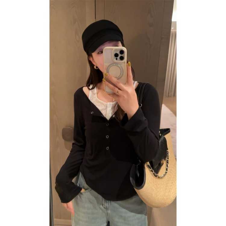 大婉酱 【蕾丝假两件T恤】微胖大码拼接亨利领26秋新松弛感莱赛尔女t