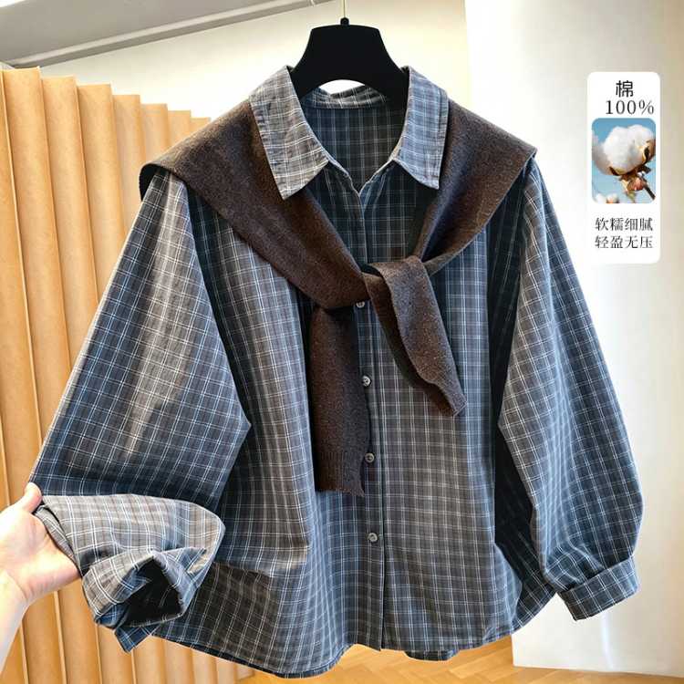 芯羊 【配披肩】2026秋季新款纯棉格纹衬衣女显瘦休闲上衣宽松衬衫